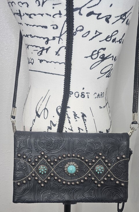 P & G Handbags - P&G Western Concho Wallet Organizer Wristlet Crossbody Black Faux Turquoise